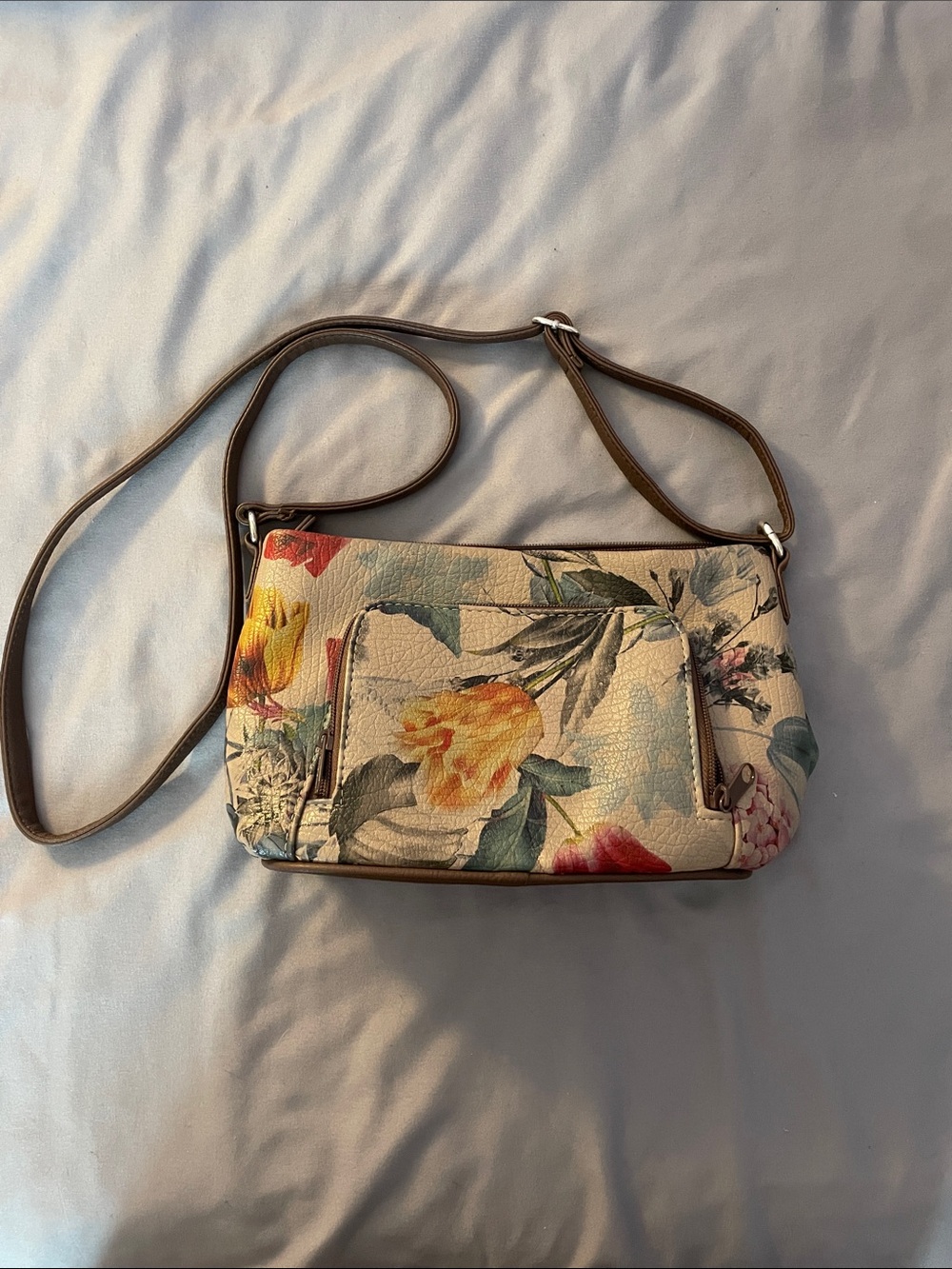 Floral Cream Crossbody Shoulder Bag with Brown Trim